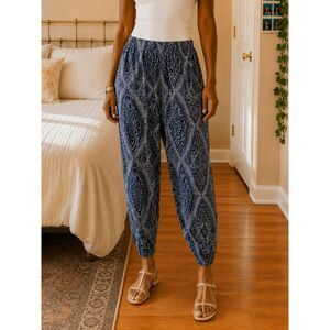 H&M Women Navy Blue Geometric Print Smocked-Waist Harem Joggers Size M Bohemian